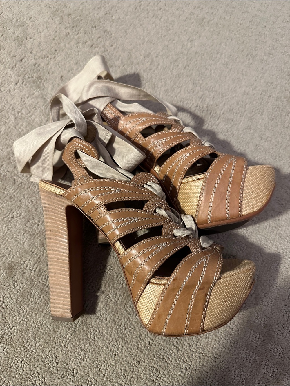 Alaia Tan Leather Platform Sandals with Ankle Tie size 38.5